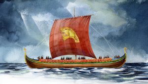 Tegning af det imponerende skib Harald Hårfager. Illustration: Steinar Iversen/Viking Kings.