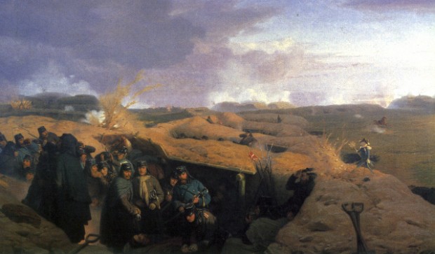 Dybbøl Skanse i april 1864. Maleri af Jøgen Valentin Sonne, 1871.