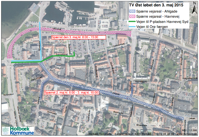 På kortet herover kan du se hvor der er afspærret i forbindelse med motionsløbet søndag.  Grafik: Holbæk Kommune.