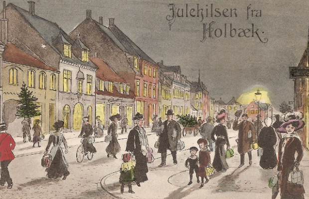 Hyggeligt ser det ud på dette julepostkort fra Holbæk. Se flere postkort på www.vigsoe-rahbech.dk