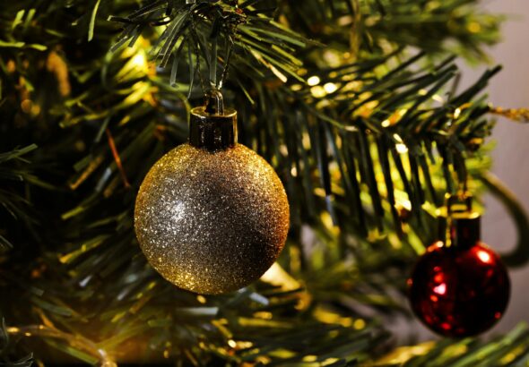 glistening christmas bauble on fir tree branch