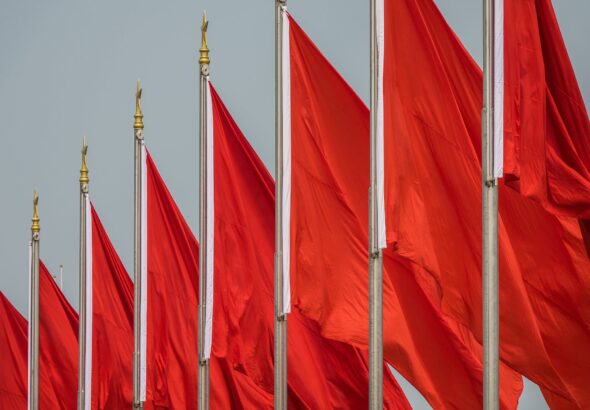 red flags on flagpoles