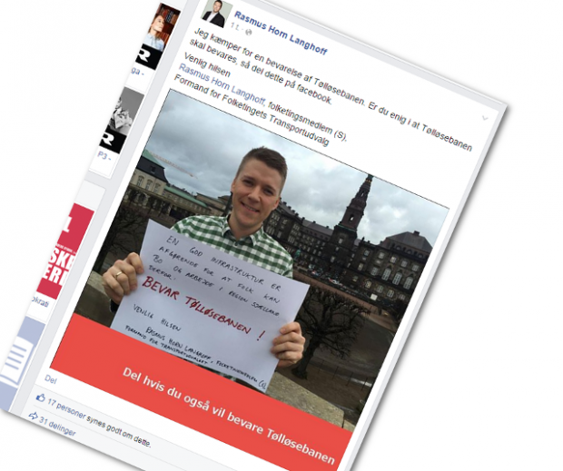 Rasmus Horn Langhoffs opslag på Facebook, som han opfordrer folk til at dele. Screendump fra Facebook.