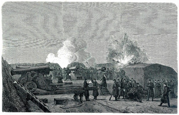 I en Skanse ved Dybbøl. Illustration fra bogen "To hundrede træsnit fra Krigen i Danmark 1864" (Statens Arkiver).