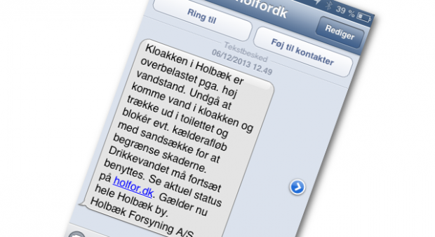 SMS'en fra Holbæk Forsyning, der fortæller om kloakproblemerne i Holbæk by.