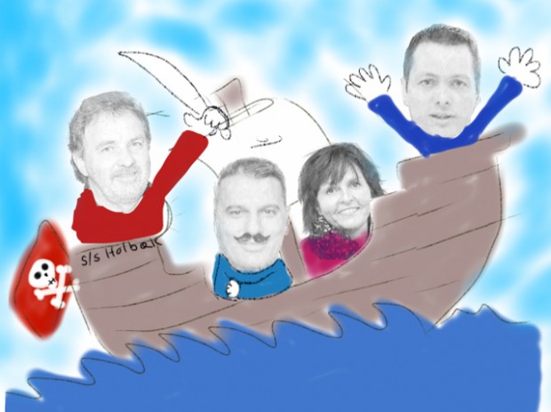 Tør Socialdemokraterne tage roret og styre S/S Holbæk mens Venstre sejler? Illustration: Rolf Larsen.